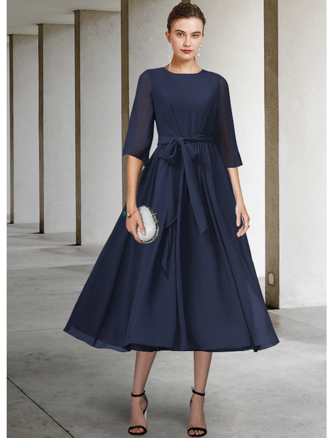 Wholesale  Sheath / Column Mother of the Bride Dress Simple Elegant Scoop Neck Tea Length Chiffon Half Sleeve with Sash / Ribbon Pleats